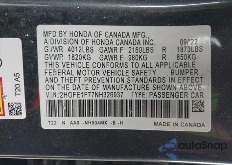 2022 Honda Civic Ex from USA, damaged, VIN 2HGFE1F77NH326937